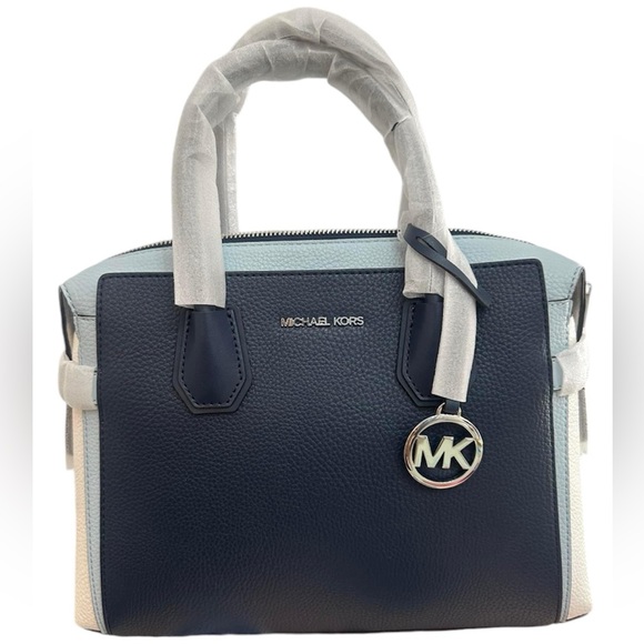 Michael Kors Mercer Belt  Medium Navy Blue Pebbled Leather Satchel Messenger Bag - Picture 1 of 6